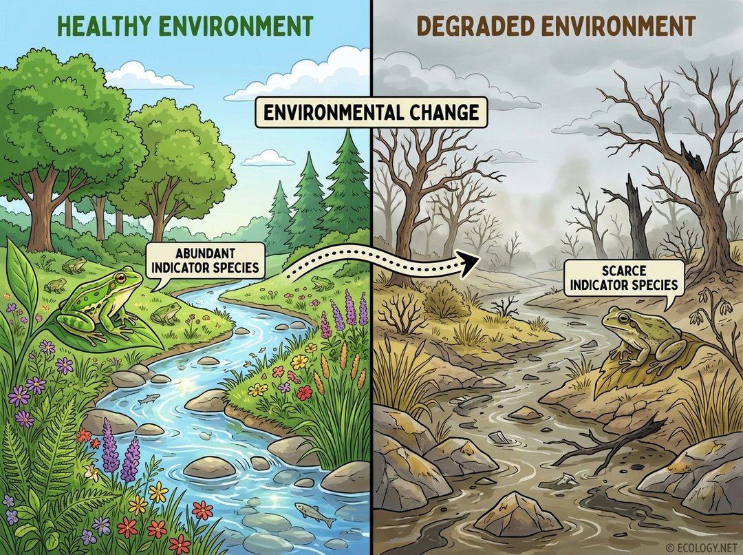 Diagram showing a healthy ecosystem with abundant indicator species (frog) and a degraded ecosystem with scarce indicator species, illustrating environmental change.