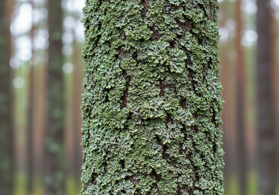 Vibrant green and pale gray lichens covering a tree trunk, signifying healthy air quality.