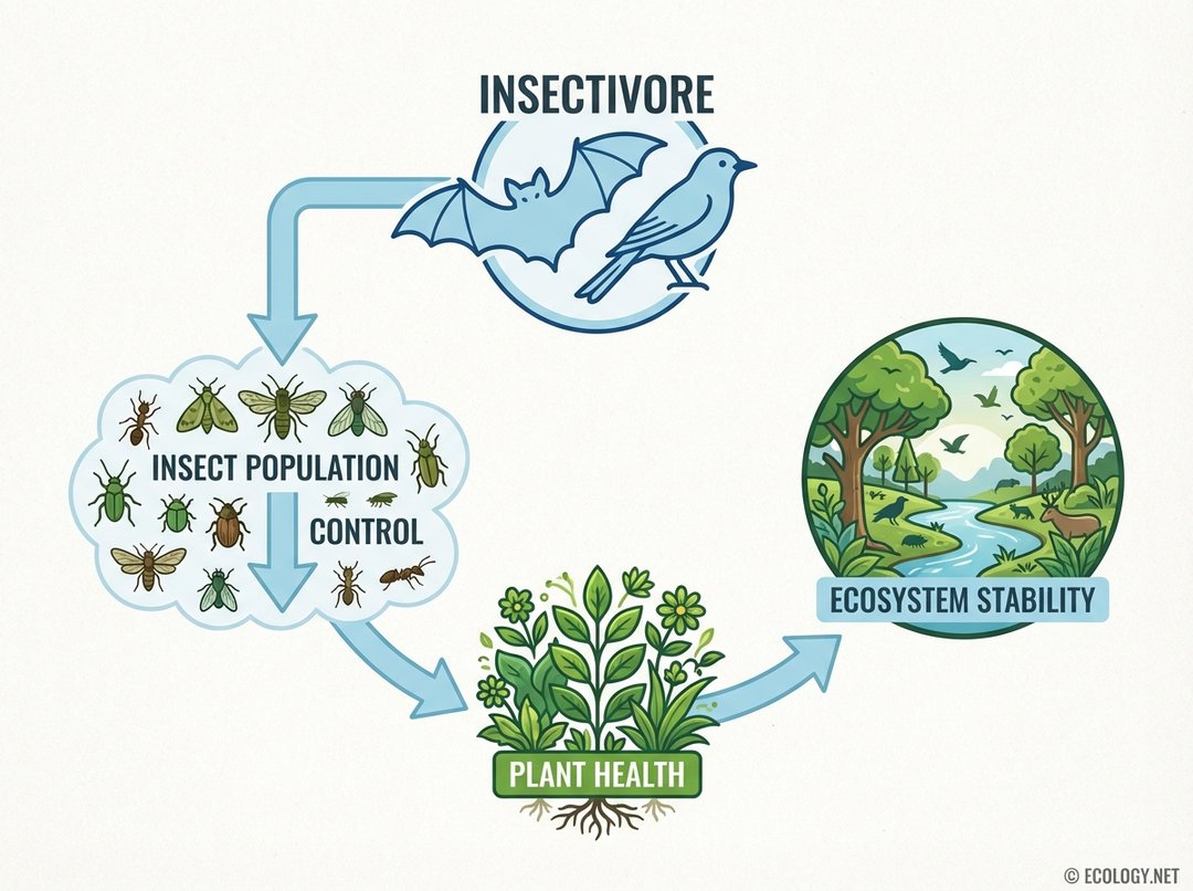 Diagram illustrating the positive ecological impact of insectivores on insect populations, plant health, and ecosystem stability.