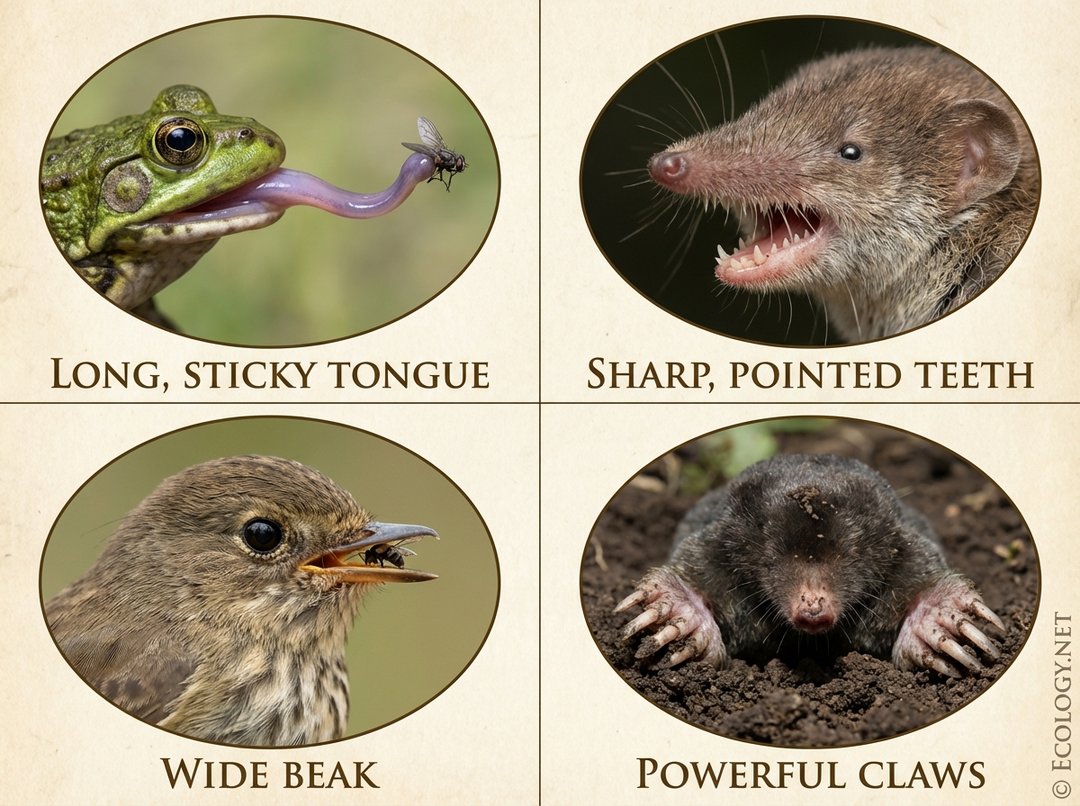 Diagram showcasing diverse insectivore adaptations: a frog's sticky tongue, shrew's sharp teeth, flycatcher's wide beak, and mole's powerful claws.