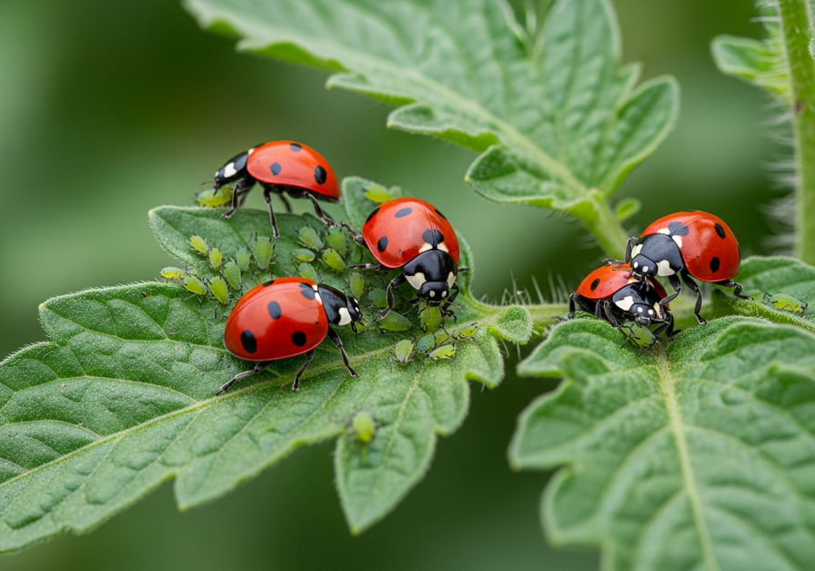 Ladybugs feeding on aphids on a tomato leaf, illustrating biological pest control.