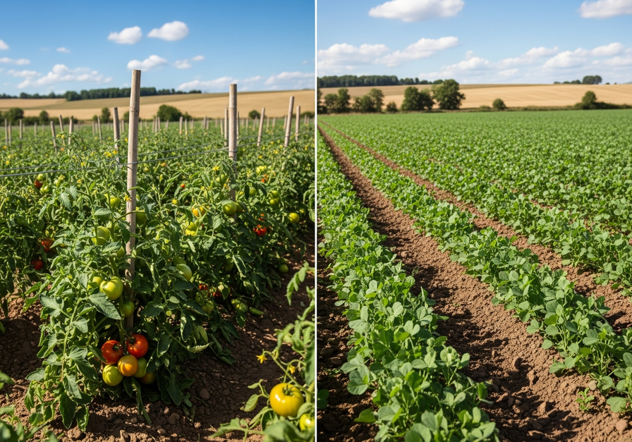 Split image showing a field with tomatoes in one season and a leguminous crop in another, demonstrating crop rotation.