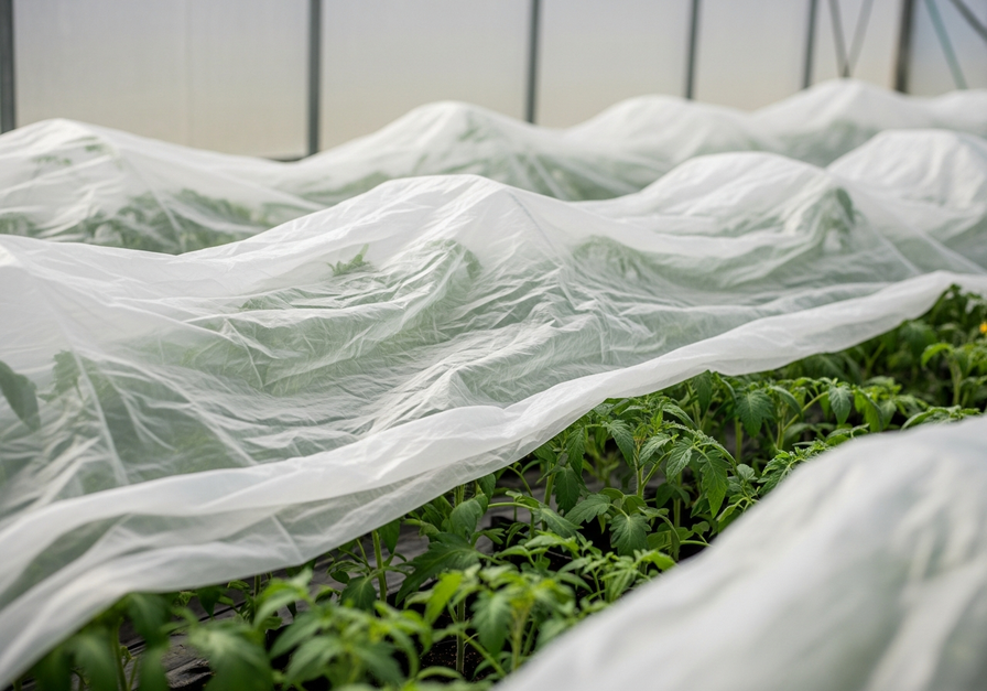 Tomato seedlings protected by a translucent row cover in a greenhouse, an example of physical pest control.
