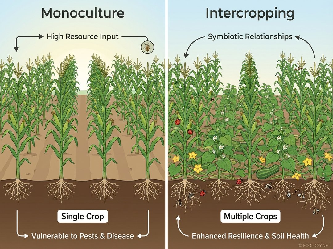 Diagram comparing monoculture with single crops to intercropping with multiple crops in the same field.