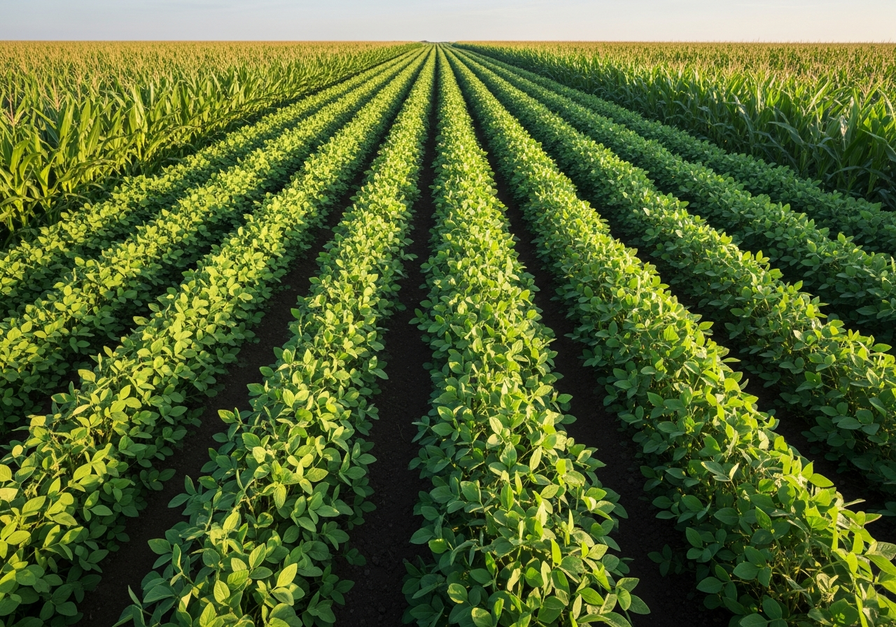 Row Intercropping: Alternating rows of tall corn and shorter soybean plants in a field at sunrise.