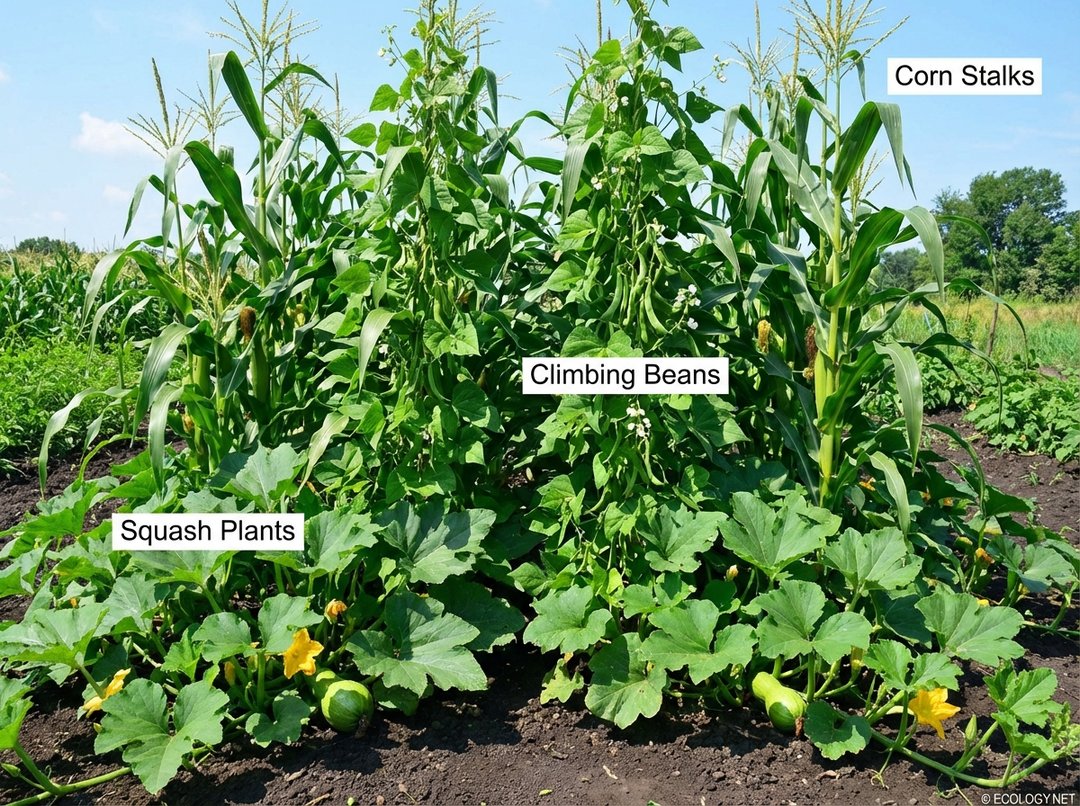 Photo of a vibrant Three Sisters intercropping system with corn, beans, and squash growing together.