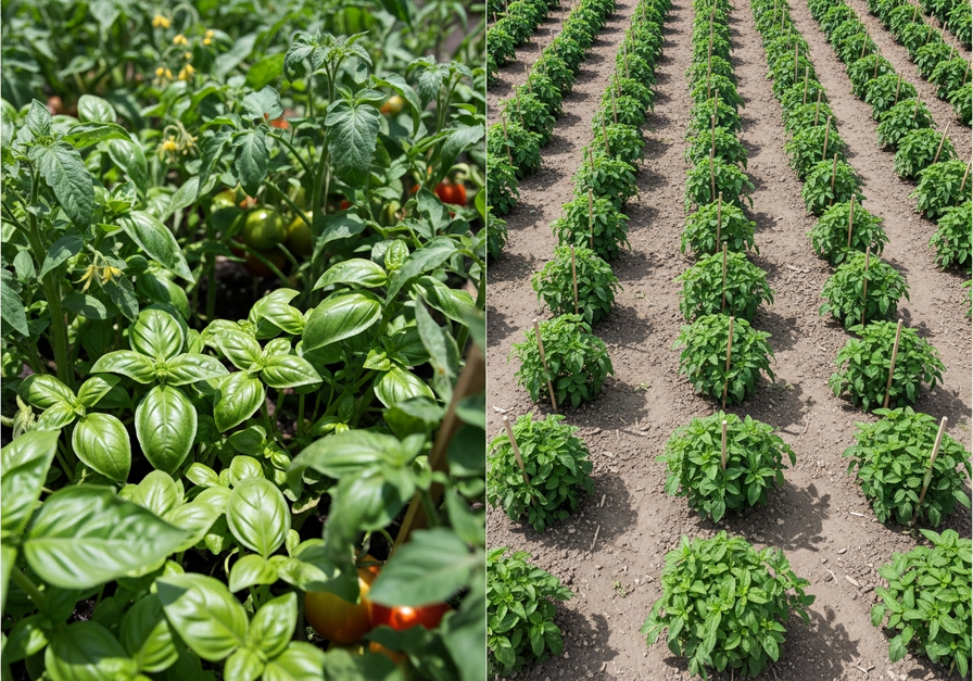 Mixed Intercropping: Split image showing tomatoes and basil intermingled on the left, and only tomatoes on the right.