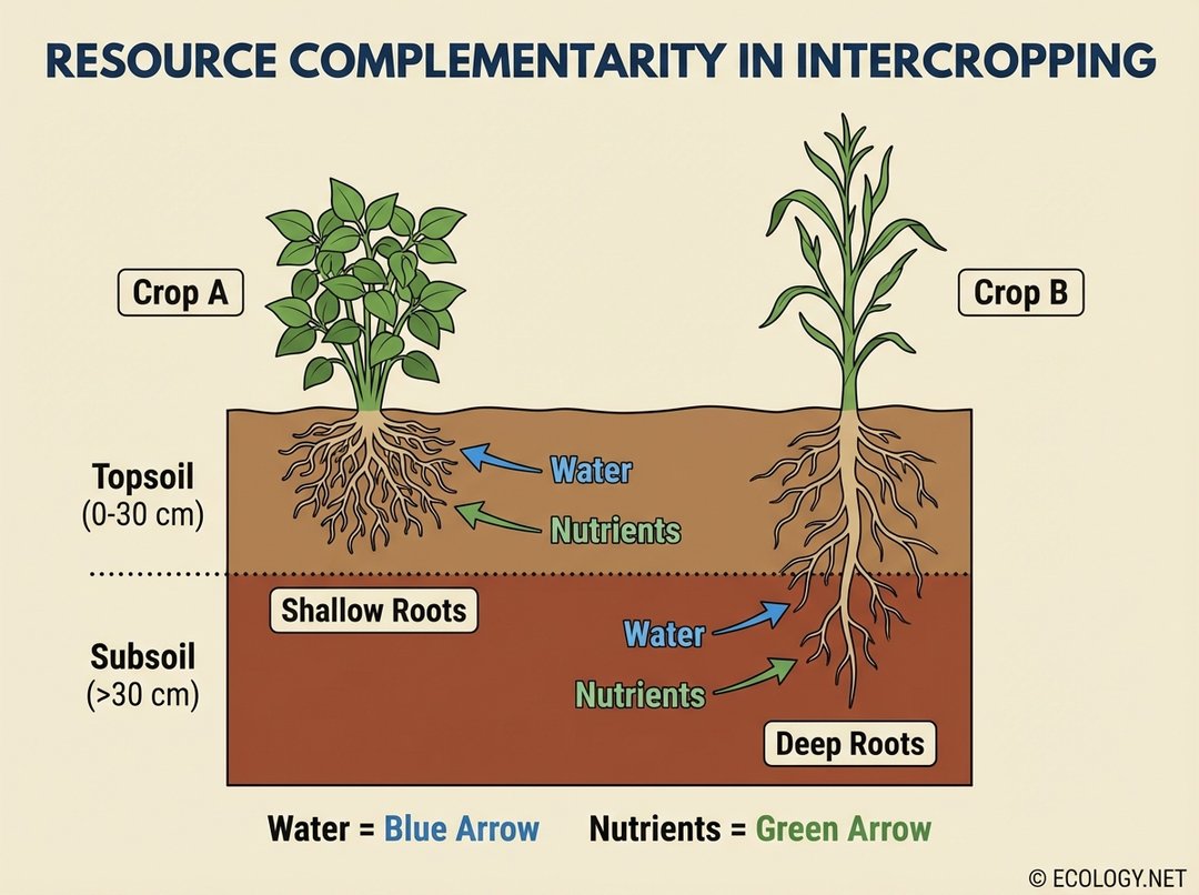 Diagram illustrating resource complementarity with shallow-rooted Crop A and deep-rooted Crop B accessing different soil layers.