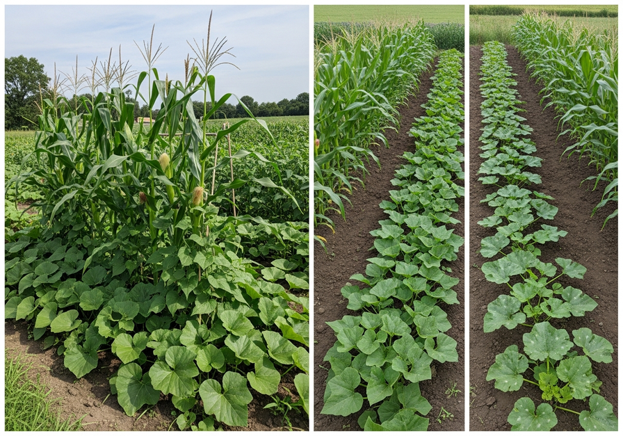 The Three Sisters: Split image showing a traditional corn, beans, and squash garden on the left, and separate monoculture plots of each crop on the right.