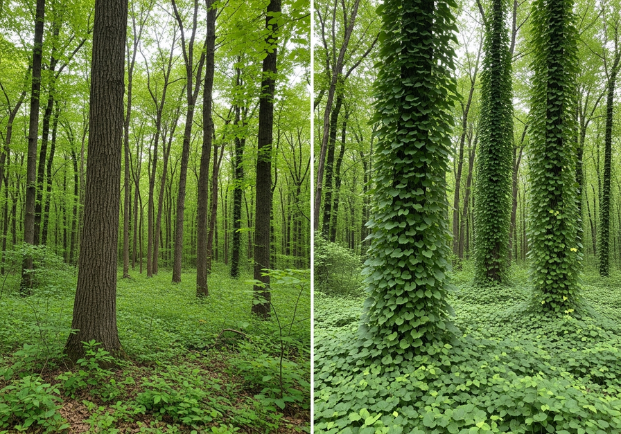 Split image showing a healthy eastern North American forest on the left and the same forest overgrown with kudzu vines on the right.