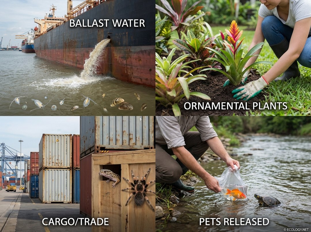 Illustrations of human activities introducing species: ballast water, cargo, ornamental plants, and pet release.