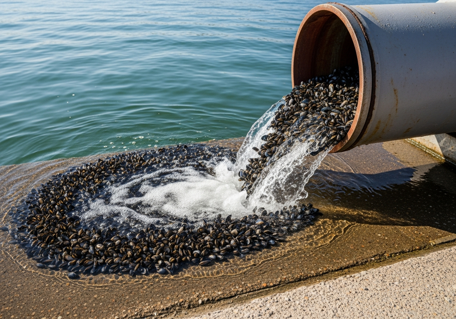 Close up of a ship's ballast water discharge pipe in a harbor, with water dense with zebra mussels spilling onto a concrete deck.