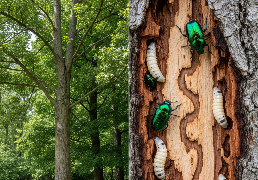 Split image showing a healthy eastern ash tree on the left and the same tree's bark scarred by emerald ash borers with beetles and larvae visible on the right.