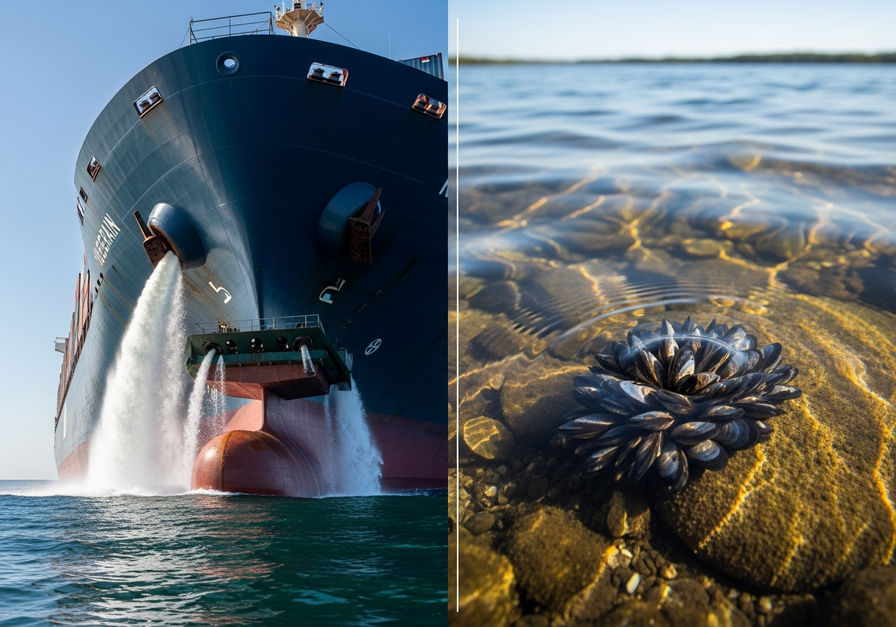 Split screen image showing a large container ship releasing ballast water and a freshwater lake with zebra mussels clinging to a submerged stone, illustrating how invasive species are introduced through human maritime activity.