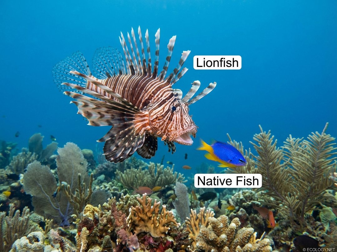 Photo-realistic image of a vibrant lionfish hunting a small native reef fish in a colorful coral reef, demonstrating its predatory impact.