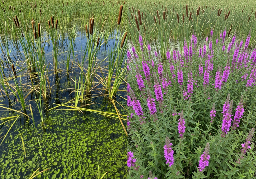 Split screen image showing a pristine wetland with native cattails and a wetland overrun by thick purple loosestrife, demonstrating how invasive plants outcompete native vegetation.