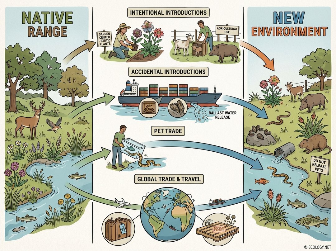 Diagram showing four main pathways of invasive species introduction: intentional, accidental, pet trade, and global trade and travel.