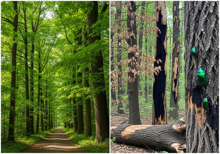 Split screen image showing a lush green ash forest and a section of the same forest with damaged ash trees and an emerald ash borer beetle, highlighting the beetle's devastation.