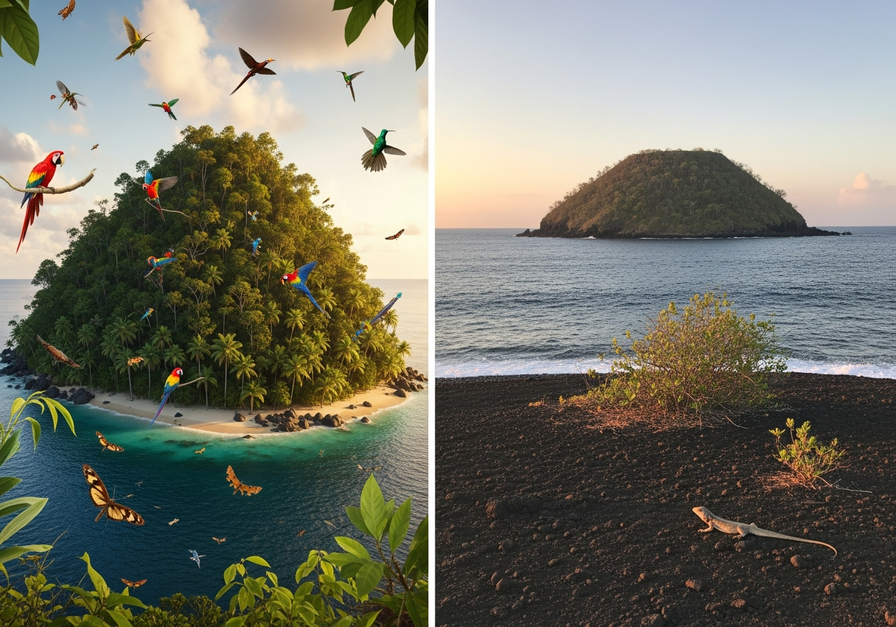 Large lush island near mainland contrasted with small sparse island, showing differences in species richness and extinction risk.