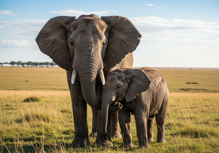 An adult female African elephant gently touching her calf with her trunk in a savannah, demonstrating strong maternal care.