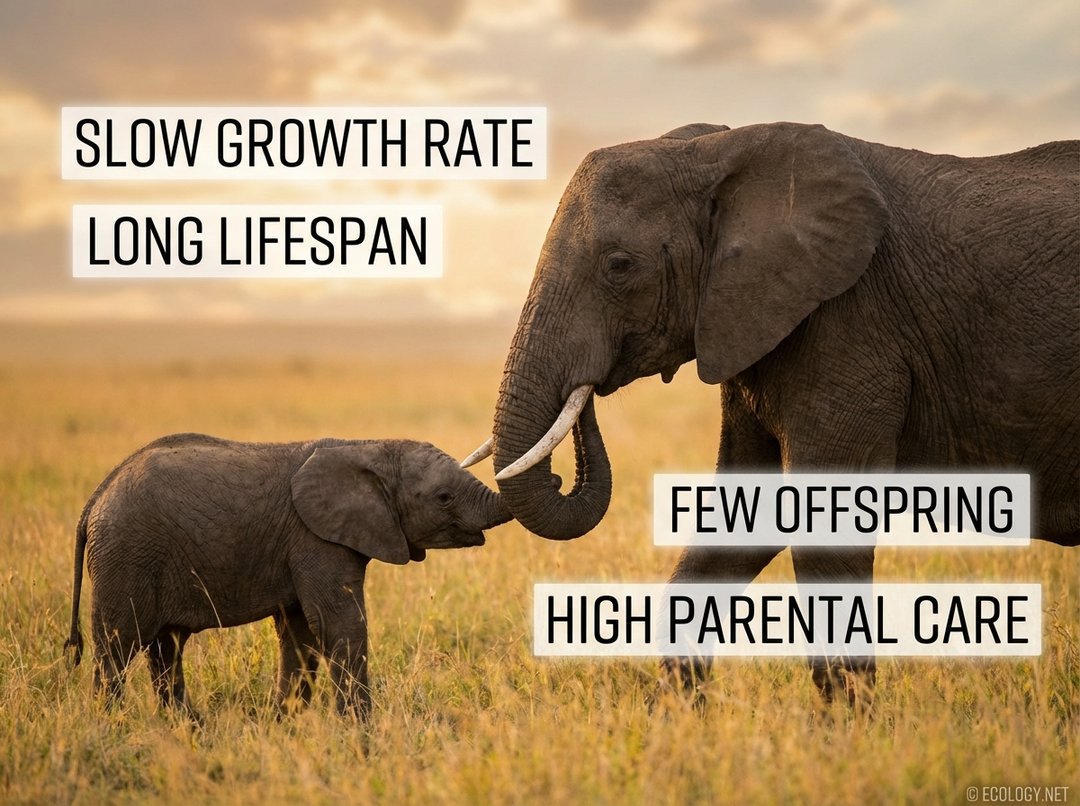 An adult elephant gently guiding its young calf through a savanna, illustrating key K-selected traits: slow growth rate, long lifespan, few offspring, and high parental care.