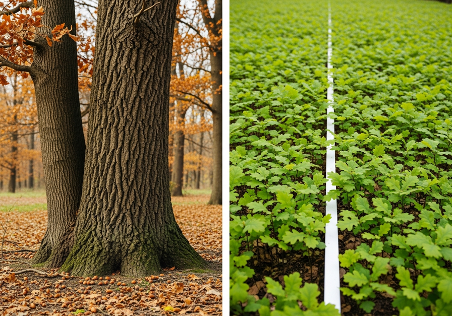 A split-screen image showing a mature oak tree trunk on the left and a dense field of young oak saplings on the right, illustrating contrasting life stages.