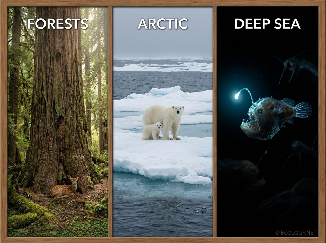 Triptych showing K-selected species in stable environments: a towering redwood tree in a dense forest, a polar bear with its cub on an ice floe in the Arctic, and a deep-sea anglerfish in the dark ocean depths.