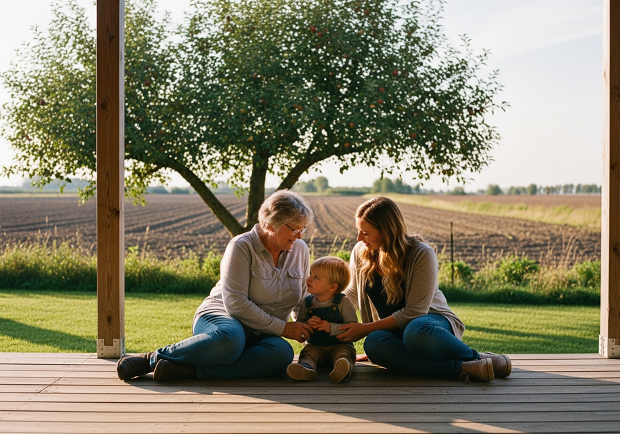 A multi-generational human family, grandmother, mother, and child, sitting on a farm porch, symbolizing long lifespans and family bonds.
