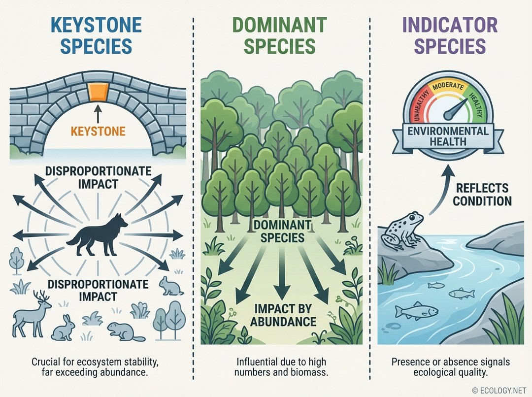 Illustrative diagram distinguishing keystone species (arch bridge), dominant species (many trees), and indicator species (frog with health gauge).