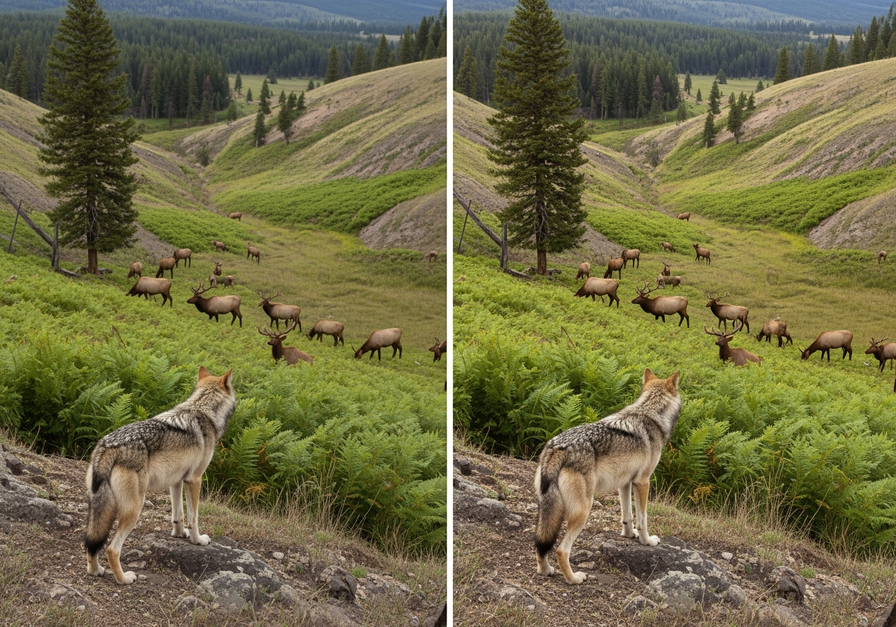 Split-screen image showing a valley with wolves and elk, and the same valley overgrown without wolves, illustrating a trophic cascade.