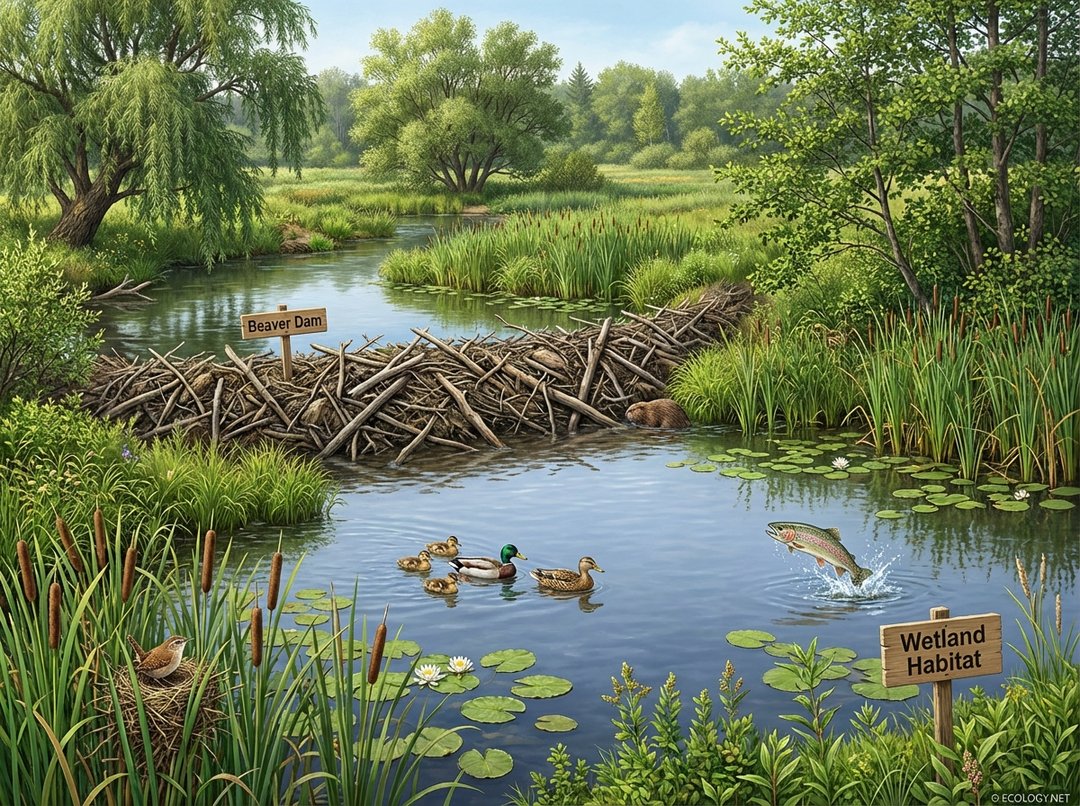 Photo-realistic image of a thriving wetland ecosystem created by a beaver dam, showing diverse wildlife and lush vegetation.
