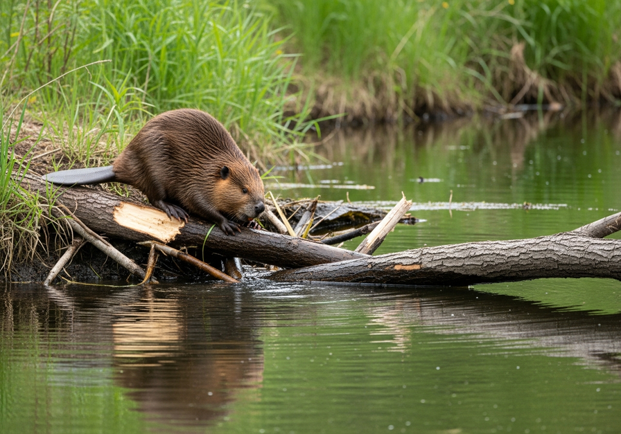 A beaver building a dam, showcasing its role as an engineer keystone species by creating new habitats.