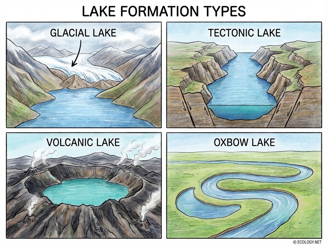 Diagram showing different lake formation types: glacial, tectonic, volcanic, and oxbow lakes.