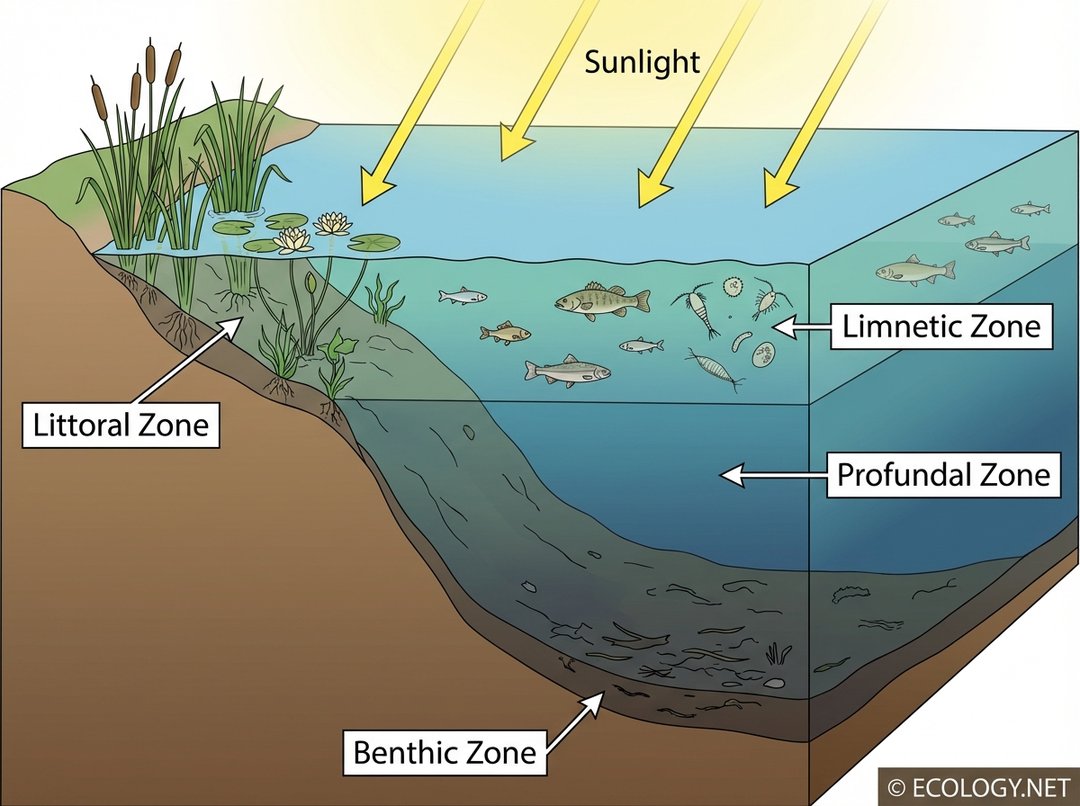 Cross-section diagram illustrating lake ecological zones: littoral, limnetic, profundal, and benthic.