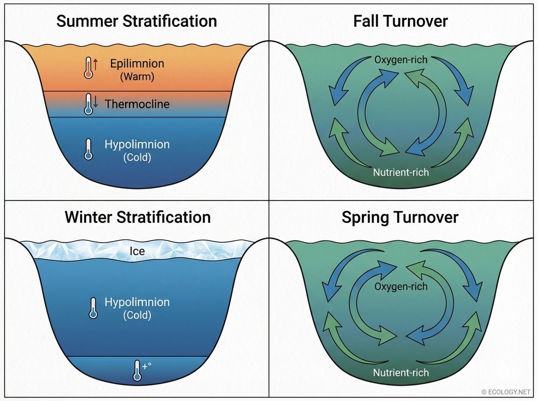 Diagram illustrating seasonal thermal stratification and turnover in a temperate lake: summer, fall, winter, and spring.