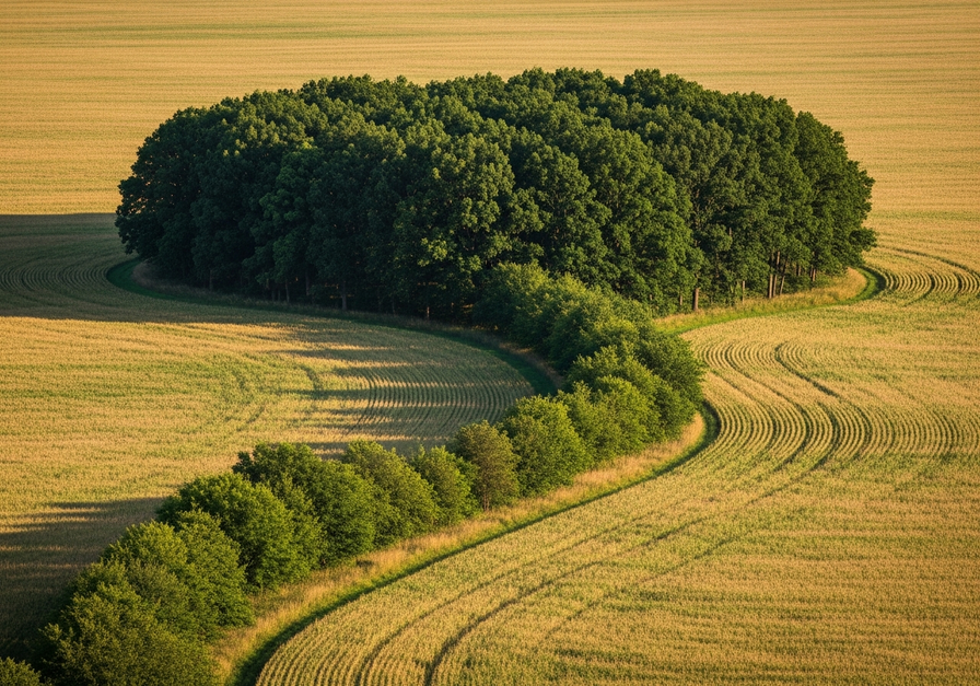 A narrow, vegetated corridor connecting a forest patch to the wider landscape through a cornfield.