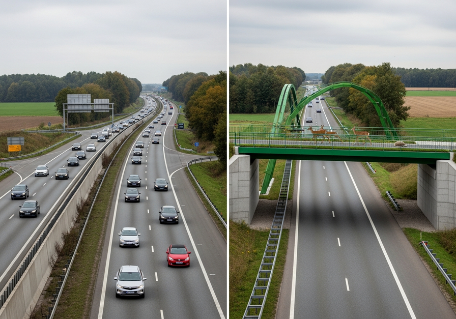 A split-screen image showing a busy highway on the left and a vegetated wildlife overpass with deer and a hedgehog on the right.