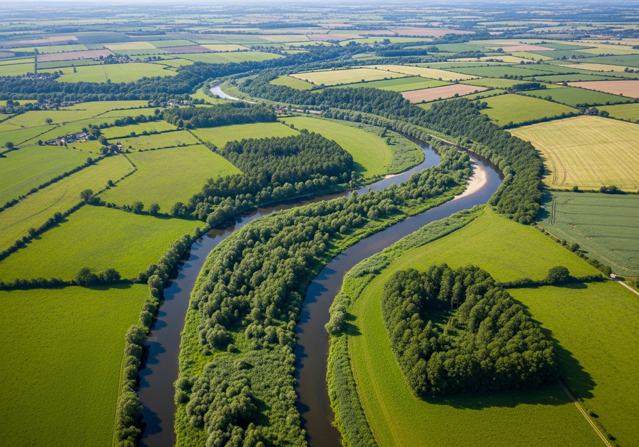 Aerial view of a lush green river valley winding through a mosaic of forests and farmland, serving as a natural corridor.
