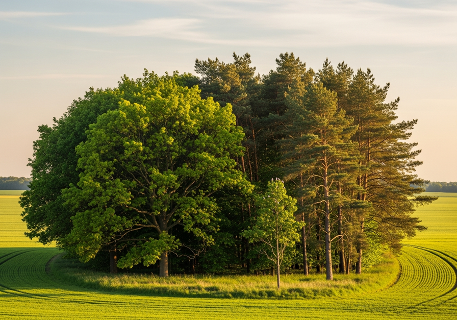 Isolated forest patch in farmland, illustrating habitat fragmentation.