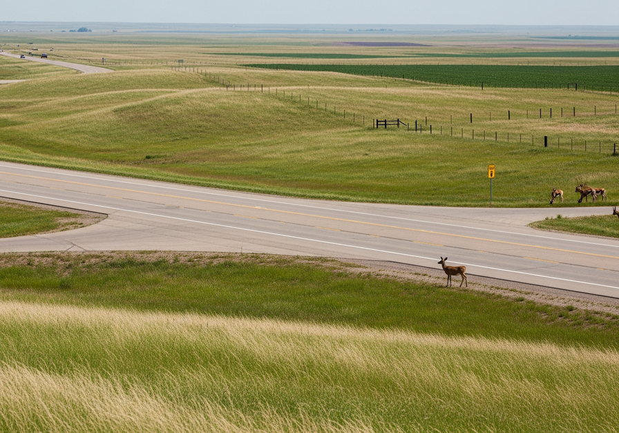 Highway bisecting a grassland, showing a barrier to wildlife movement.