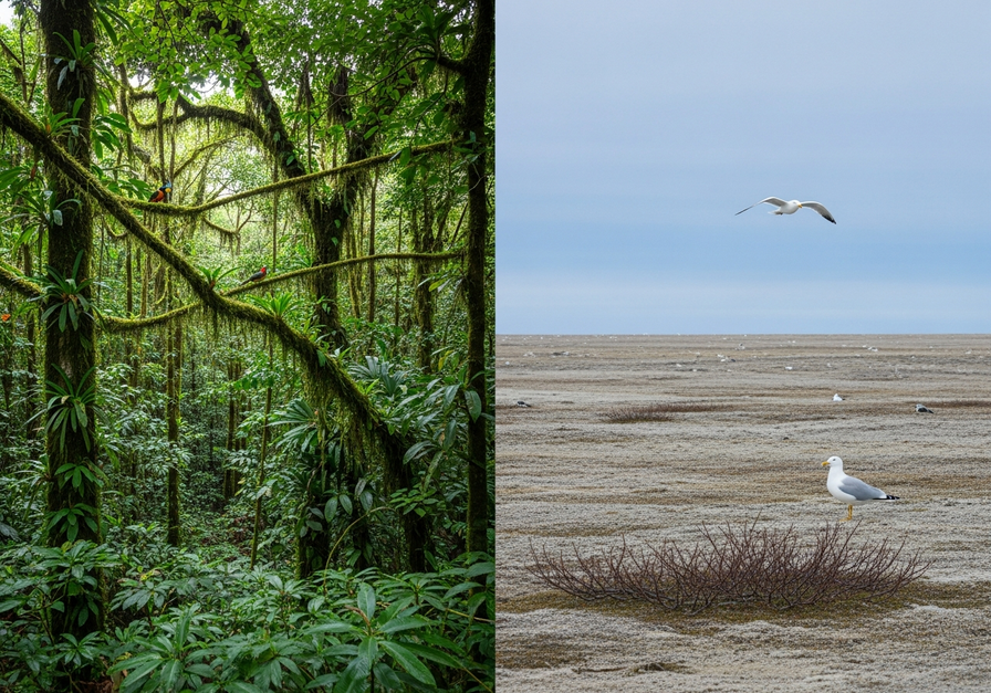 Split screen showing lush tropical rainforest on left and sparse Arctic tundra on right, illustrating biodiversity difference.