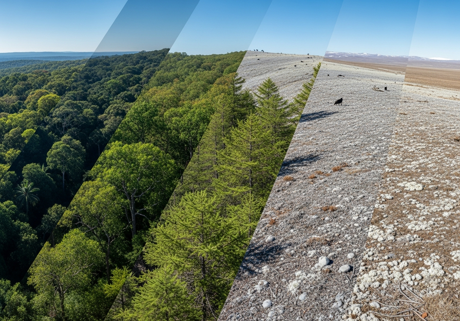 Panoramic view showing a continuous gradient from lush tropical rainforest to temperate forest, boreal forest, and stark polar tundra.