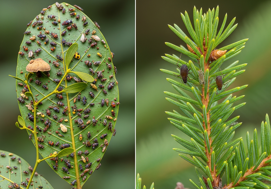 Split screen macro photo: tropical broadleaf with diverse insects and fungi on left, temperate spruce needle with single aphid on right.