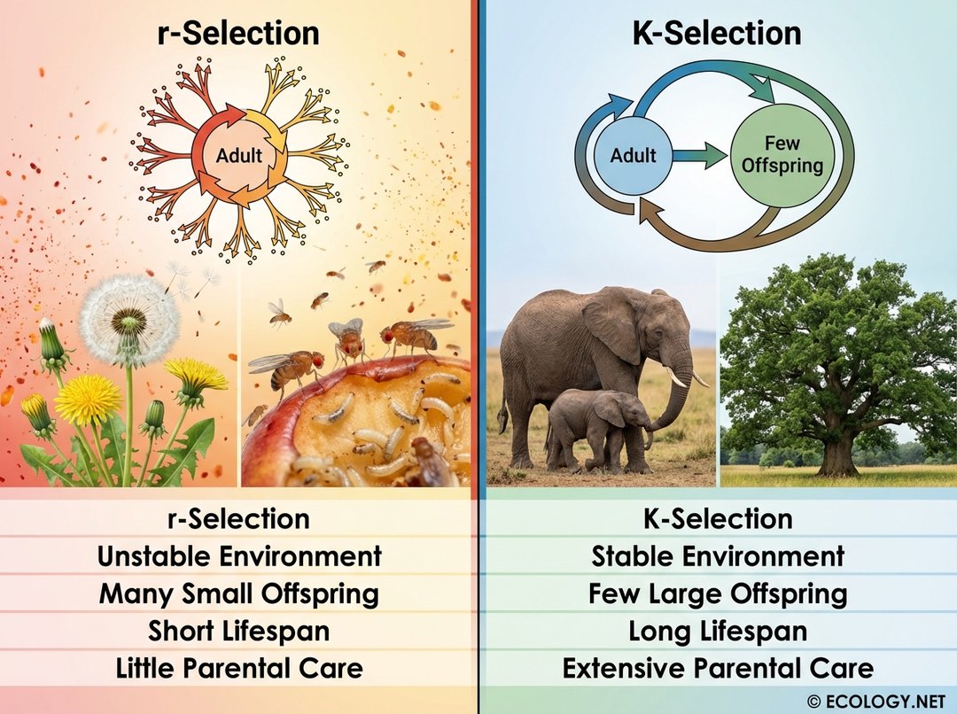 Comparative diagram illustrating r-selection (many small offspring, short lifespan, unstable environment) with dandelions and fruit flies, versus K-selection (few large offspring, long lifespan, stable environment) with elephants and oak trees.
