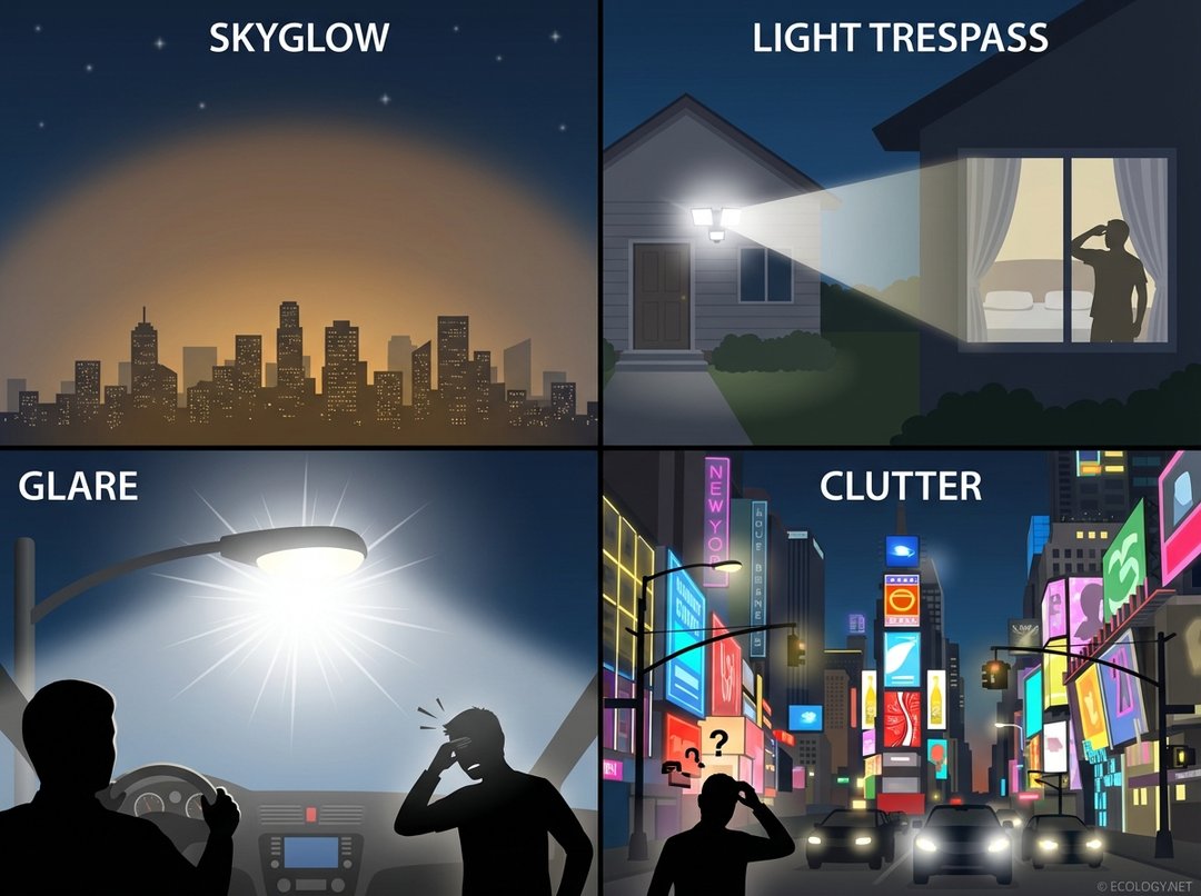 Illustrative diagram showing four types of light pollution: Skyglow (city glow obscuring stars), Light Trespass (light shining into a window), Glare (blinding streetlight), and Clutter (multiple bright, uncoordinated signs).