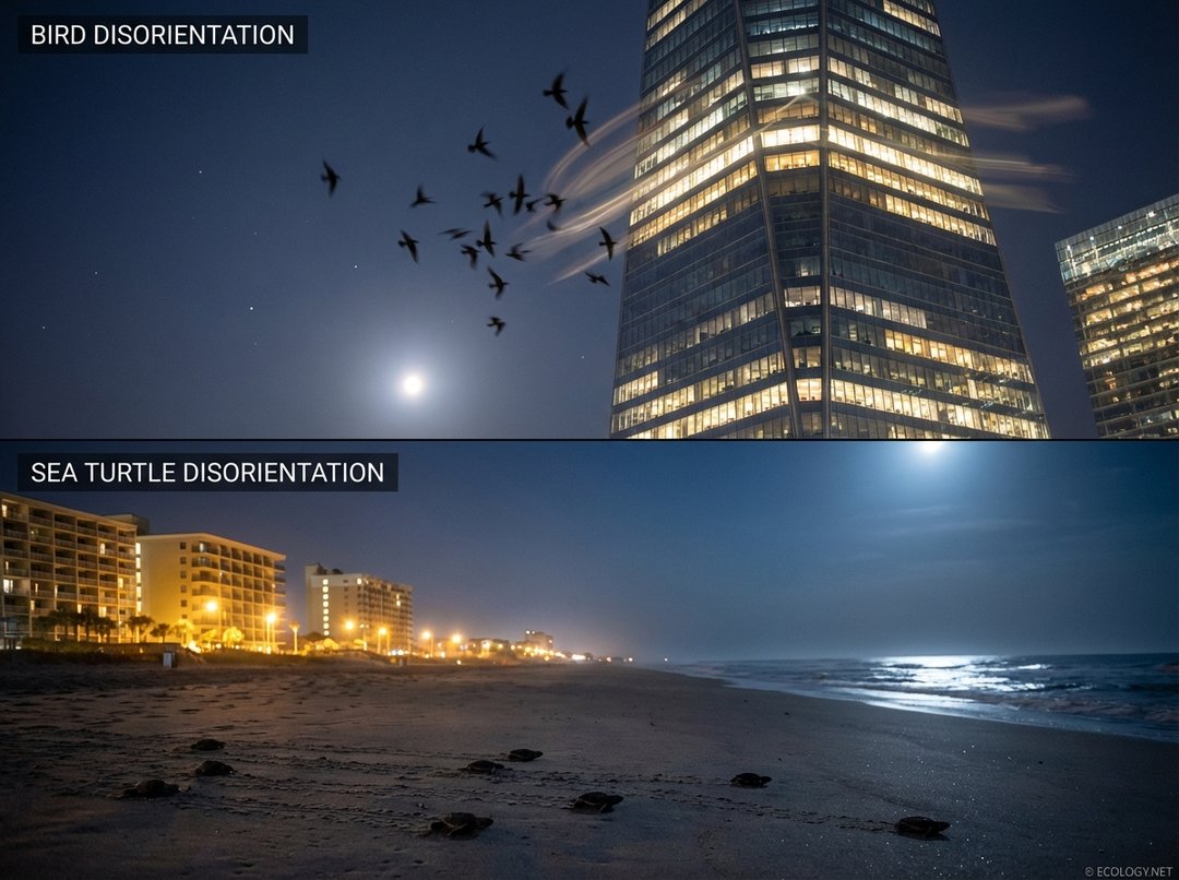 Photo-realistic night scene showing wildlife disorientation. Migratory birds are confused around a brightly lit skyscraper, and sea turtle hatchlings crawl towards coastal building lights instead of the moonlit ocean.