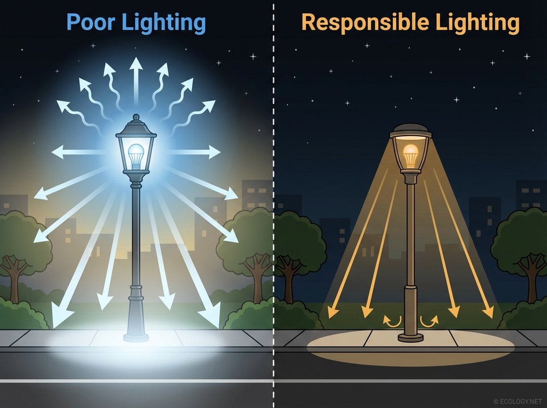 Illustrative diagram comparing poor and responsible outdoor lighting. Poor lighting shows an unshielded, bright, blue-rich streetlight emitting light upwards and outwards. Responsible lighting shows a fully shielded, lower intensity, warm-colored streetlight directing light downwards with minimal spill.