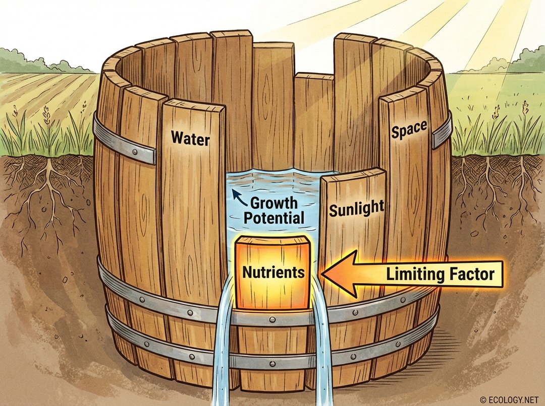 Diagram illustrating Liebig's Barrel Analogy, showing growth limited by the shortest stave representing a scarce resource like nutrients.