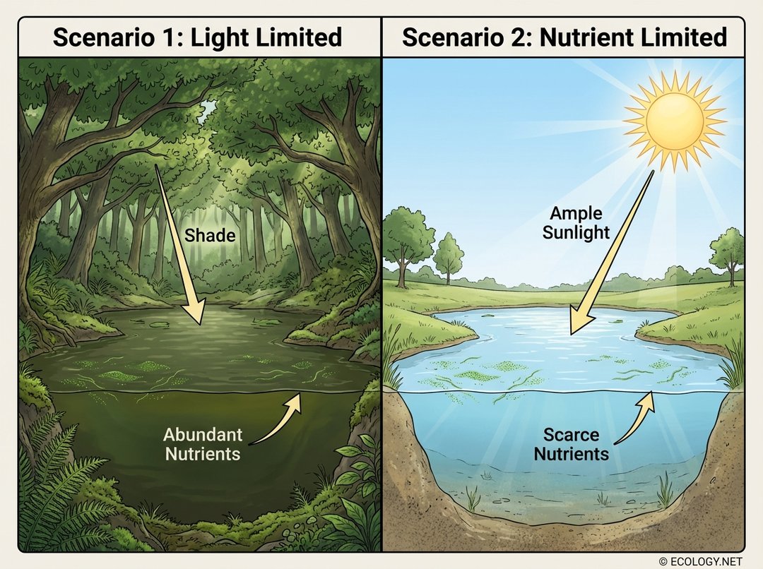 Comparative diagram showing two ponds, one light-limited by shade and one nutrient-limited by scarce nutrients, both with sparse algal growth.