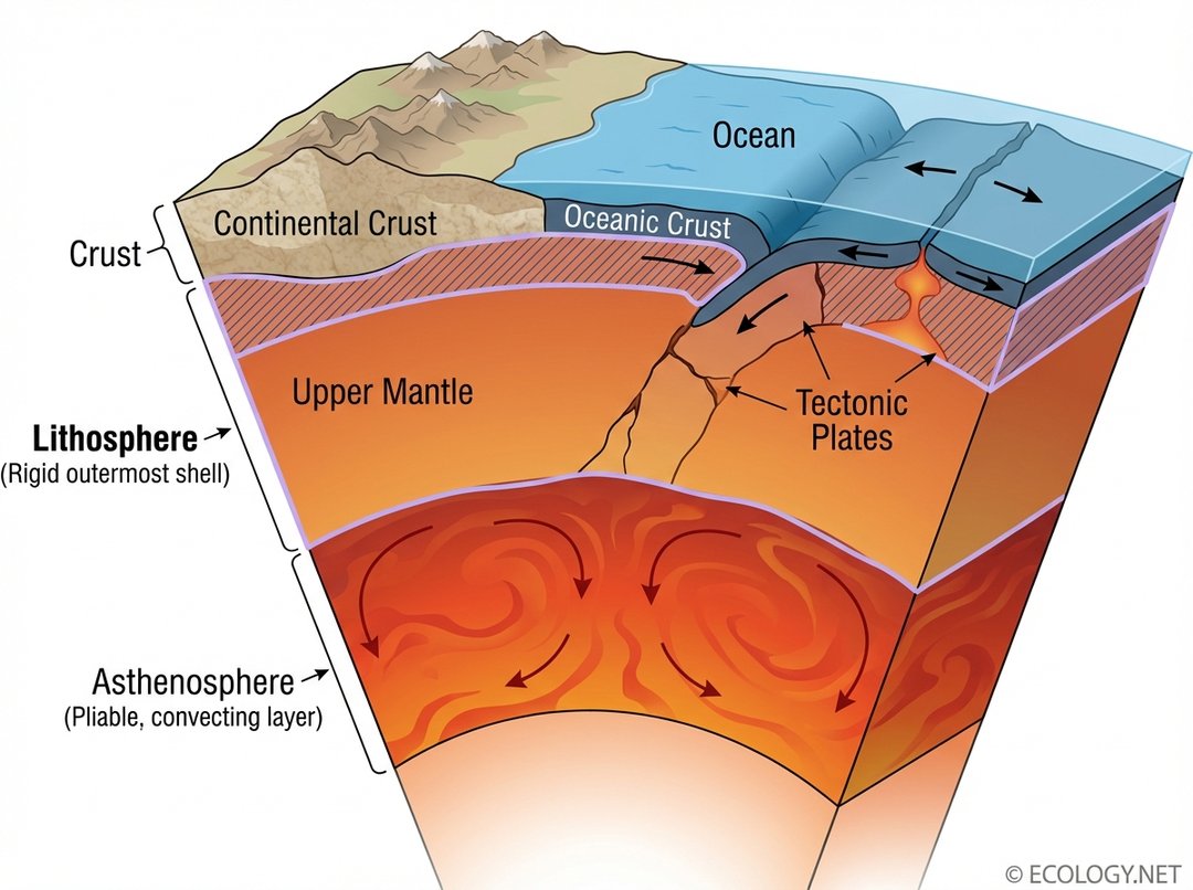 An illustrative diagram showing Earth's cross-section, detailing the lithosphere (crust and upper mantle), asthenosphere, oceanic and continental crust, and tectonic plates.